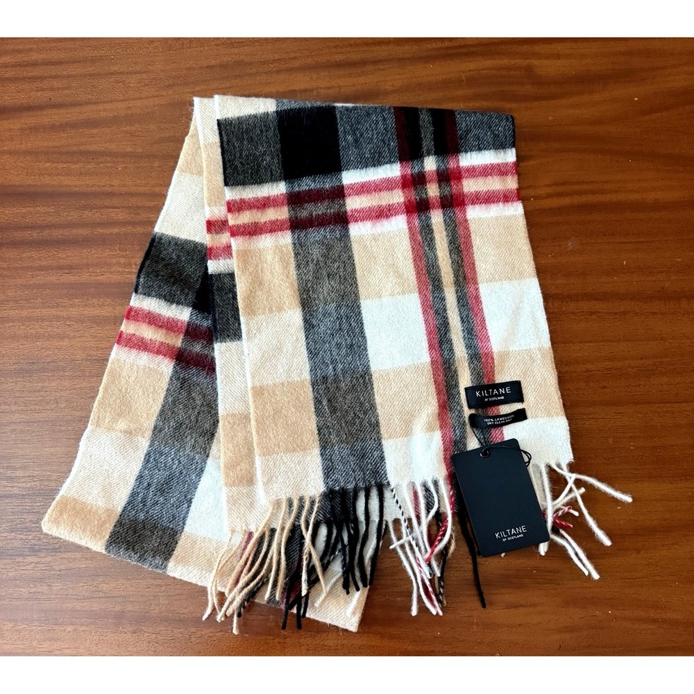 Kiltane of Scotland 100% Lambswool Scarf Camel Square Check Plaid‎ NWT 68x10